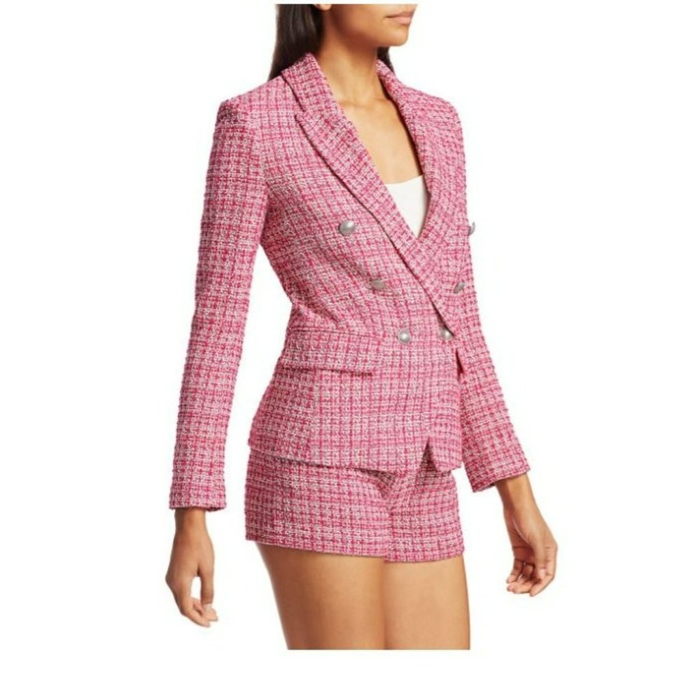 L'AGENCE Kenzie Tweed Double-Breasted Blazer in Pink Size 2 B702 Damaged